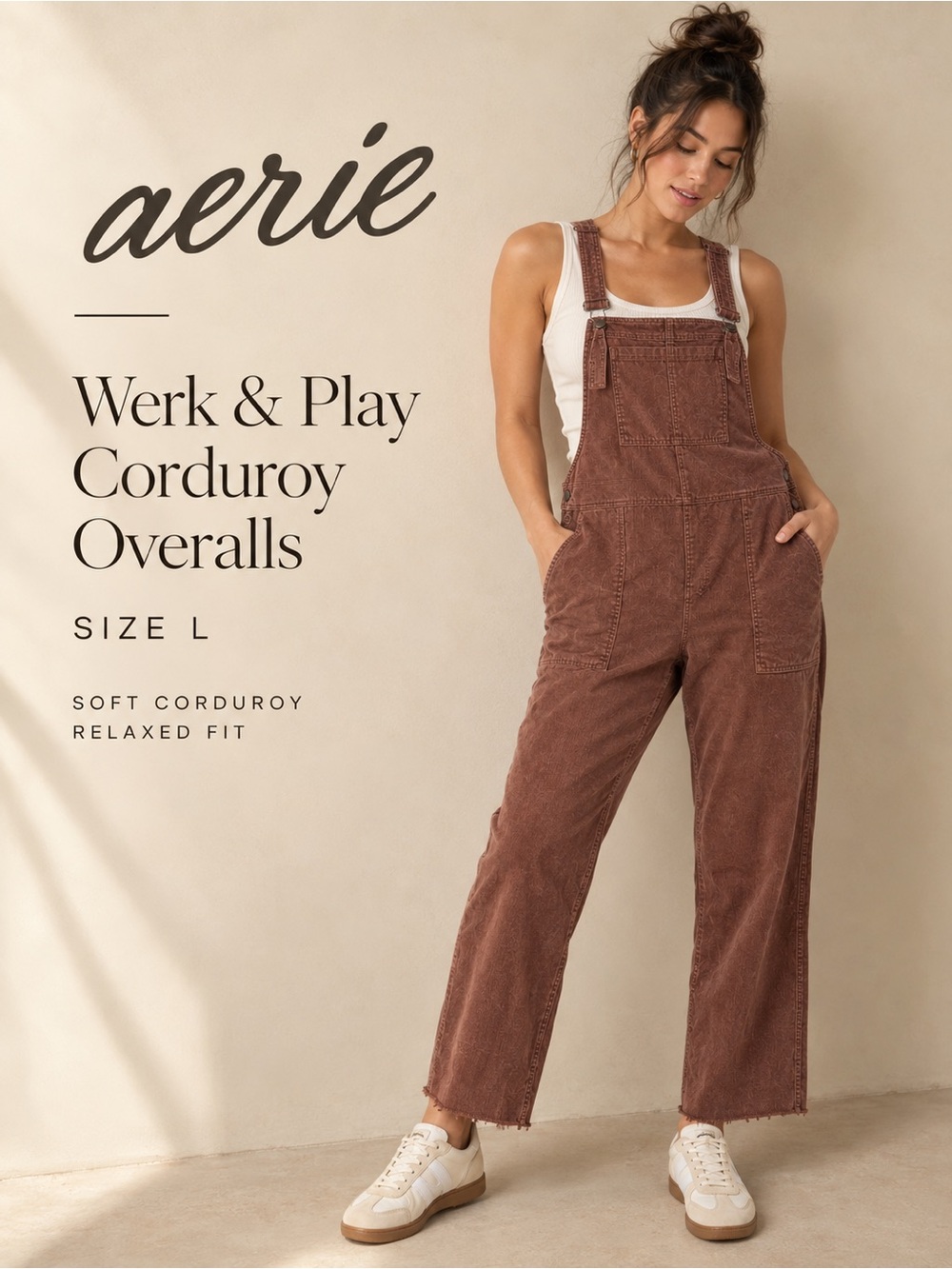 Aerie Werk & Play Corduroy Overalls Brown Size L Relaxed Raw Hem